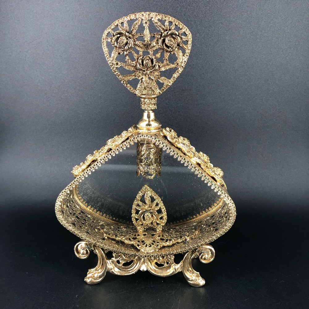 Vintage Matson Large Ornate Ormolu Filigree Rose Footed Perfume Bottle